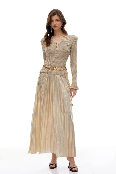 Caterinella Maxi Dress Gold Metallic Knit Pleated