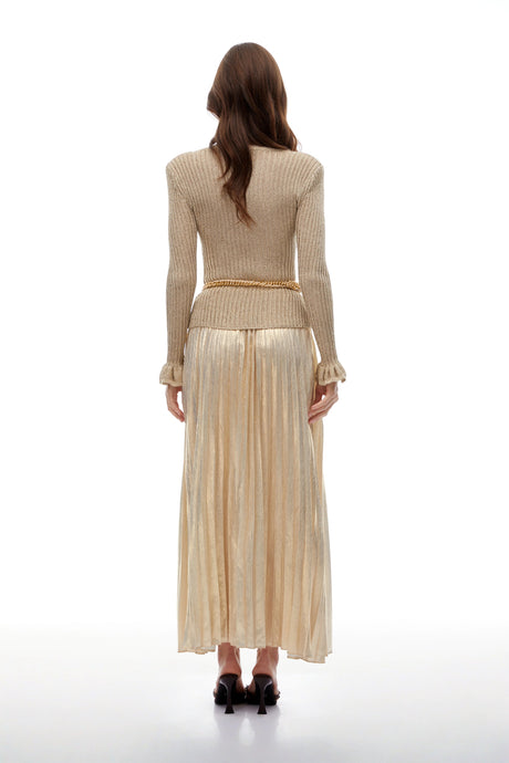 Caterinella Maxi Dress Gold Metallic Knit Pleated
