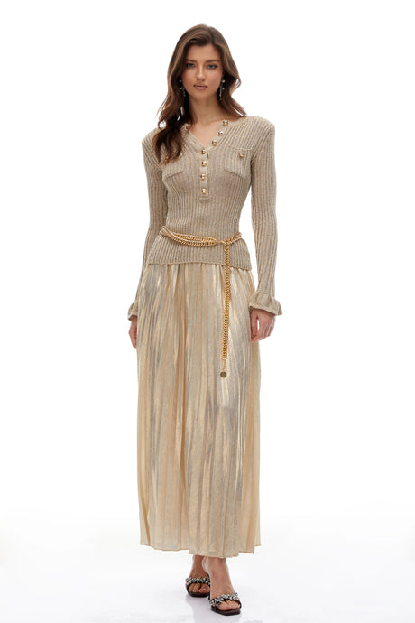 Caterinella Maxi Dress Gold Metallic Knit Pleated