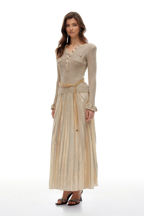 Caterinella Maxi Dress Gold Metallic Knit Pleated