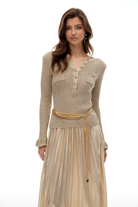 Caterinella Maxi Dress Gold Metallic Knit Pleated