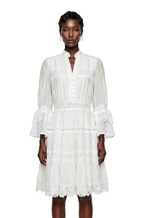 Hespera White Ruffled Floral Lace Mini Dress