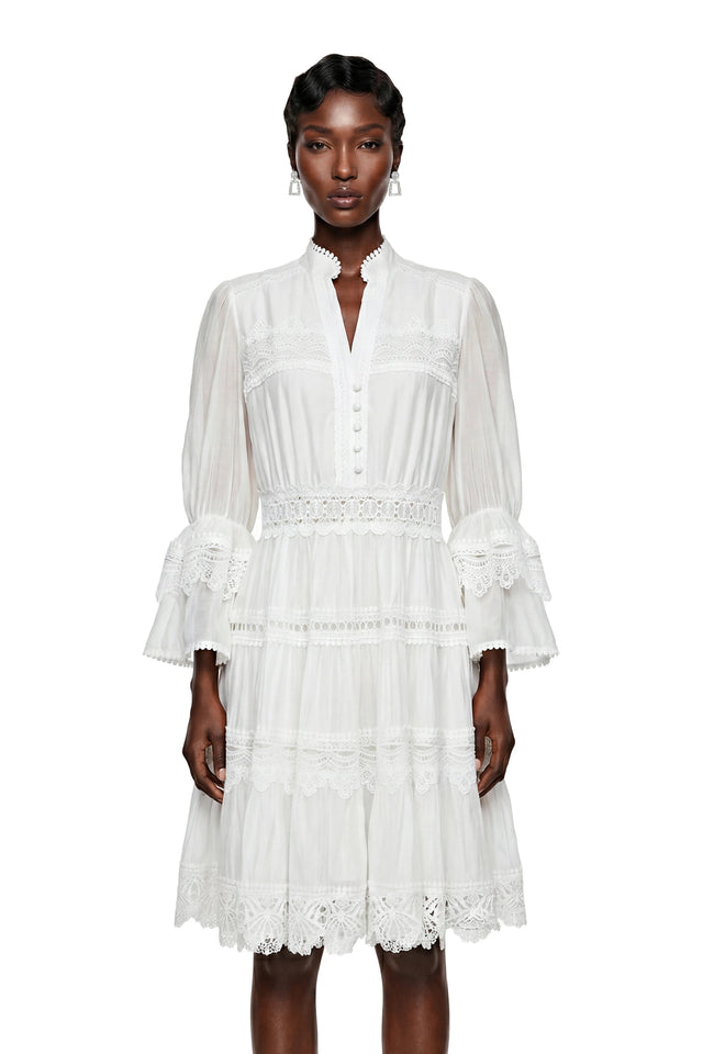 Hespera White Ruffled Floral Lace Mini Dress