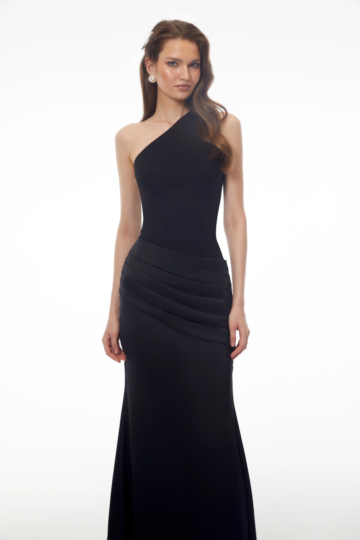 Hestia Black Ruched Maxi Dress with Satin Panels