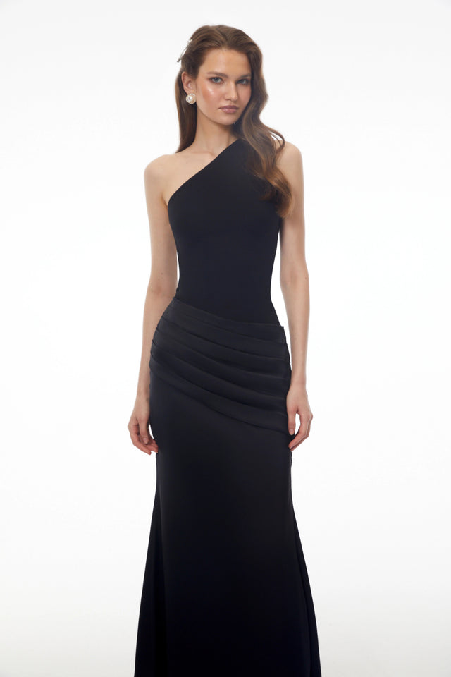 Hestia Black Ruched Maxi Dress with Satin Panels