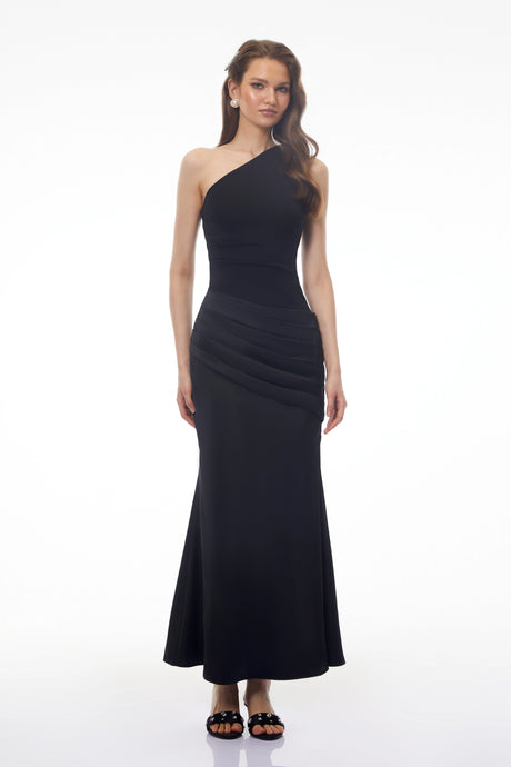Fabiola Maxi Dress Black Ruched with Satin Panels