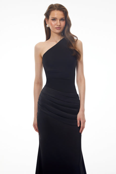 Fabiola Maxi Dress Black Ruched with Satin Panels