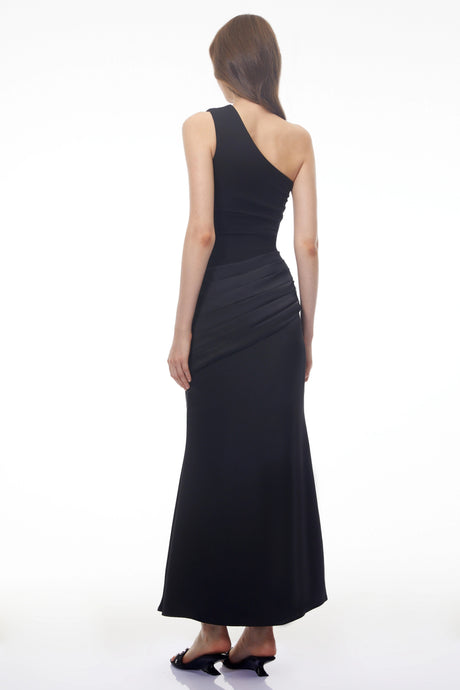 Fabiola Maxi Dress Black Ruched with Satin Panels
