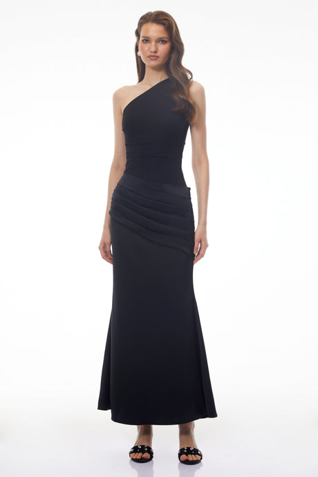 Fabiola Maxi Dress Black Ruched with Satin Panels