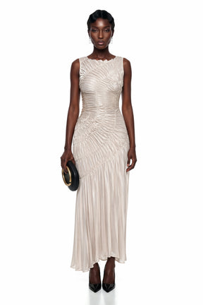 Hestia Champagne Ruched Asymmetrical Maxi Dress