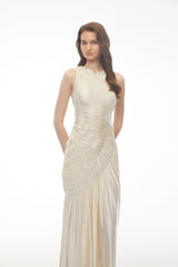 Hestia Champagne Ruched Asymmetrical Maxi Dress