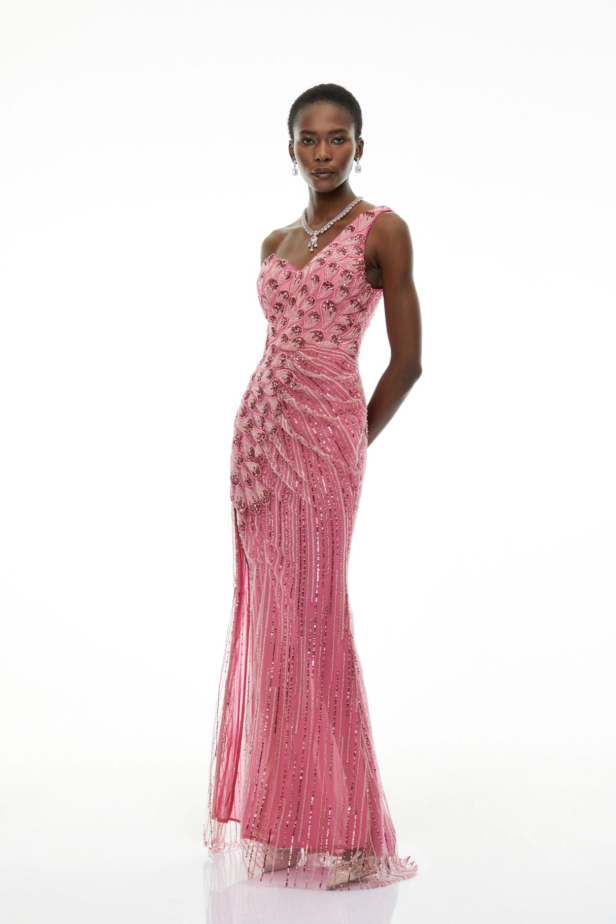 Hestia Pink Asymmetrical Embellished Maxi Dress