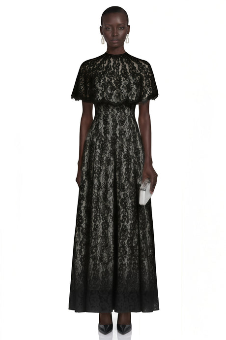 Lavinia Maxi Dress Black Lace with Cape