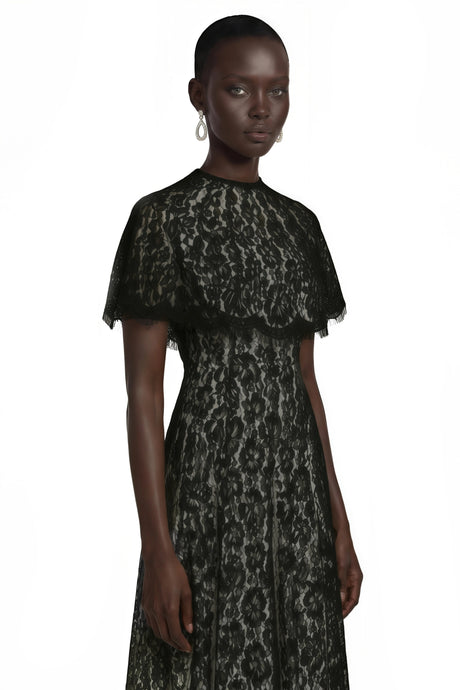Lavinia Maxi Dress Black Lace with Cape