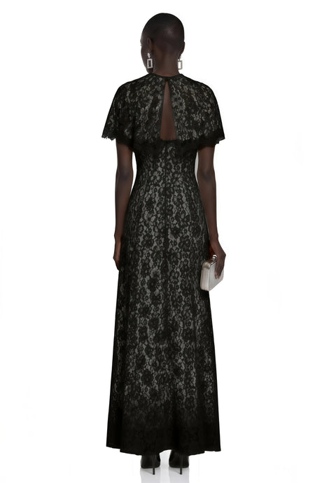 Lavinia Maxi Dress Black Lace with Cape
