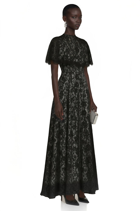 Lavinia Maxi Dress Black Lace with Cape