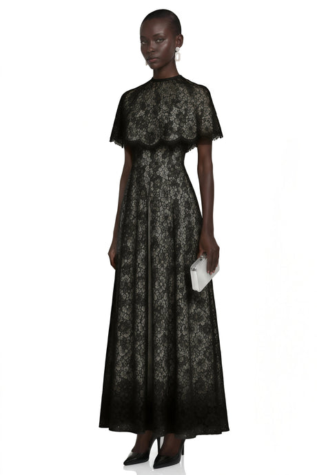 Lavinia Maxi Dress Black Lace with Cape