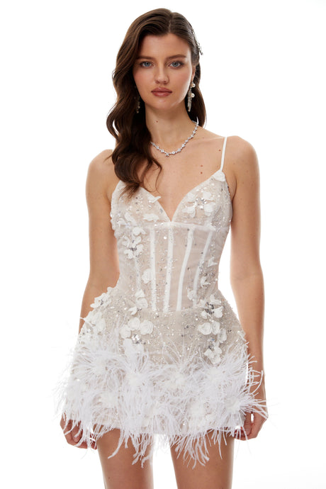 Willow Mini Dress White 3D Petal with Feather Trim