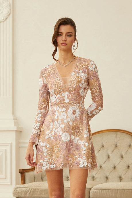 Emilia Mini Dress Neutral Sequined Floral Tulle