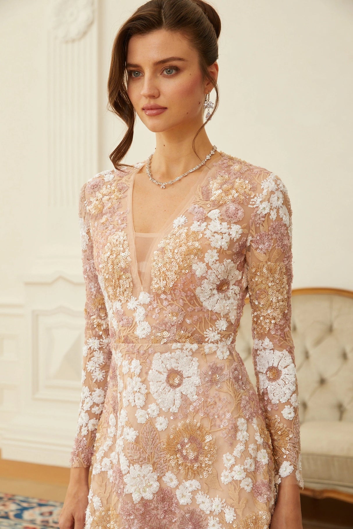 Hilma Neutral Sequined Floral Tulle Mini Dress