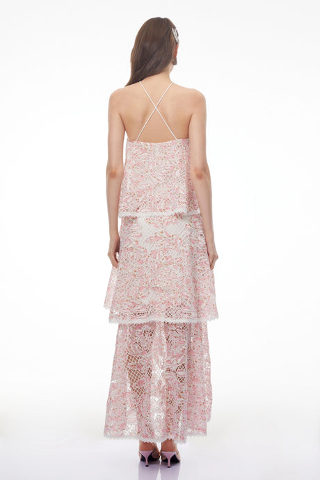 Jocelyn Maxi Dress Pink Halterneck Lace