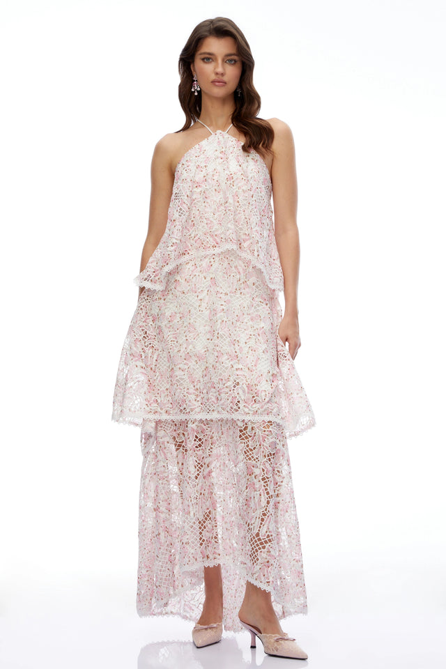 Hine Pink Halterneck Lace Maxi Dress
