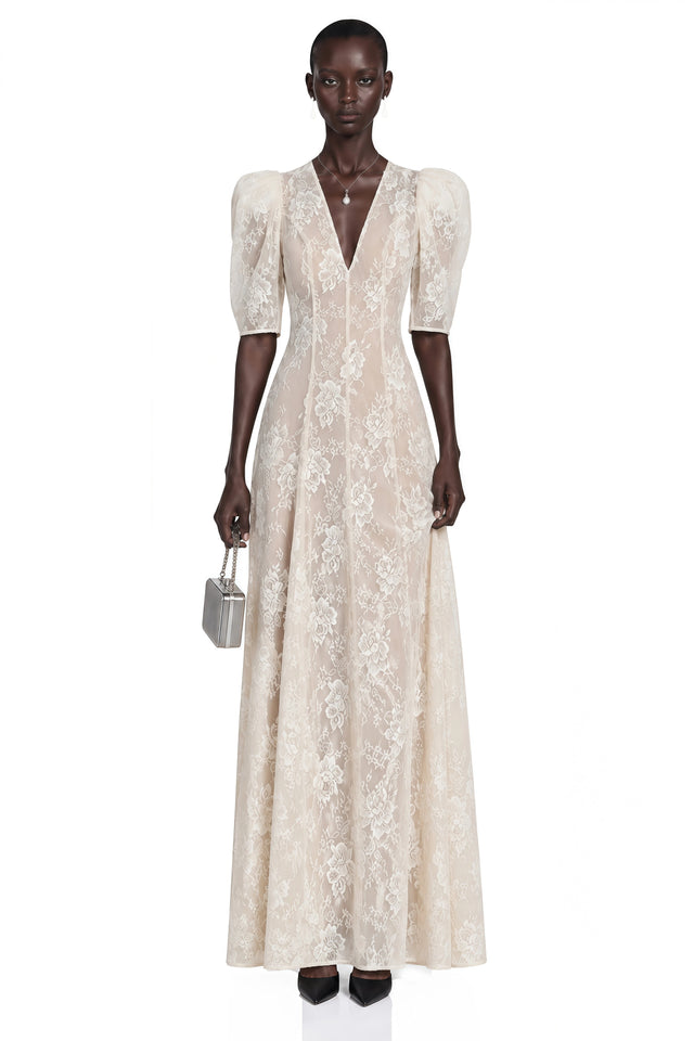 Hinekawa White VNeck Lace Maxi Dress