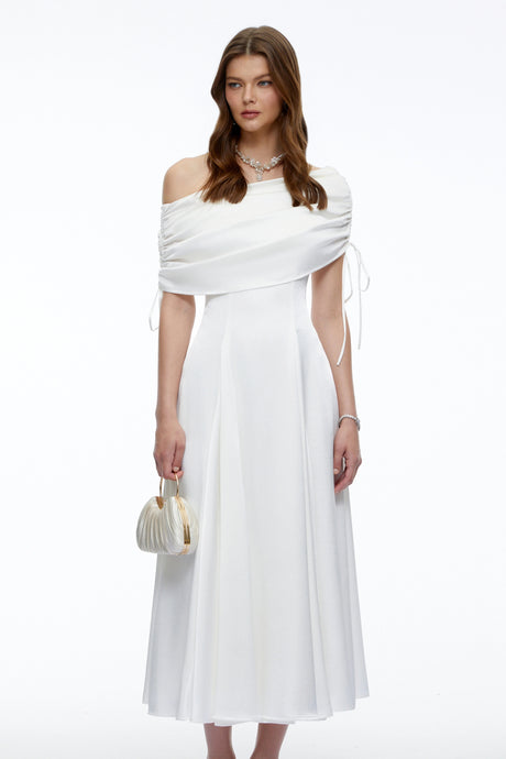 Autumn Midi Dress White One Shoulder Ruched Satin