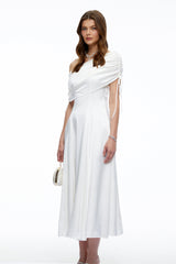 Hinerau White One Shoulder Ruched Satin Midi Dress