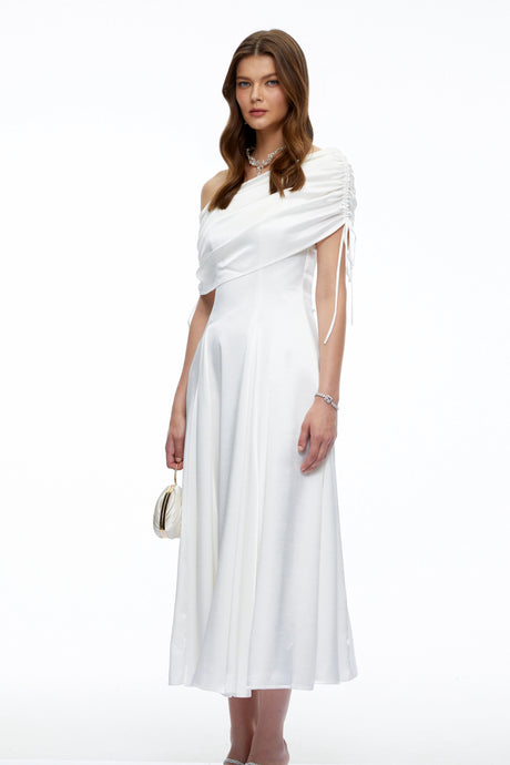 Autumn Midi Dress White One Shoulder Ruched Satin