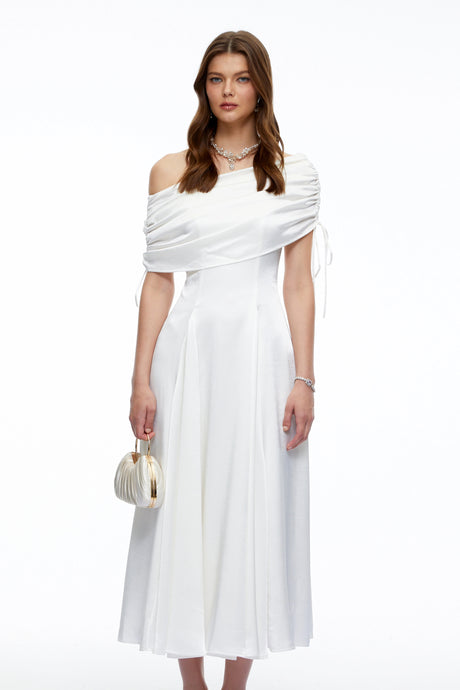 Autumn Midi Dress White One Shoulder Ruched Satin