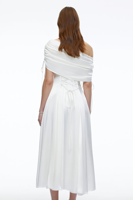 Autumn Midi Dress White One Shoulder Ruched Satin