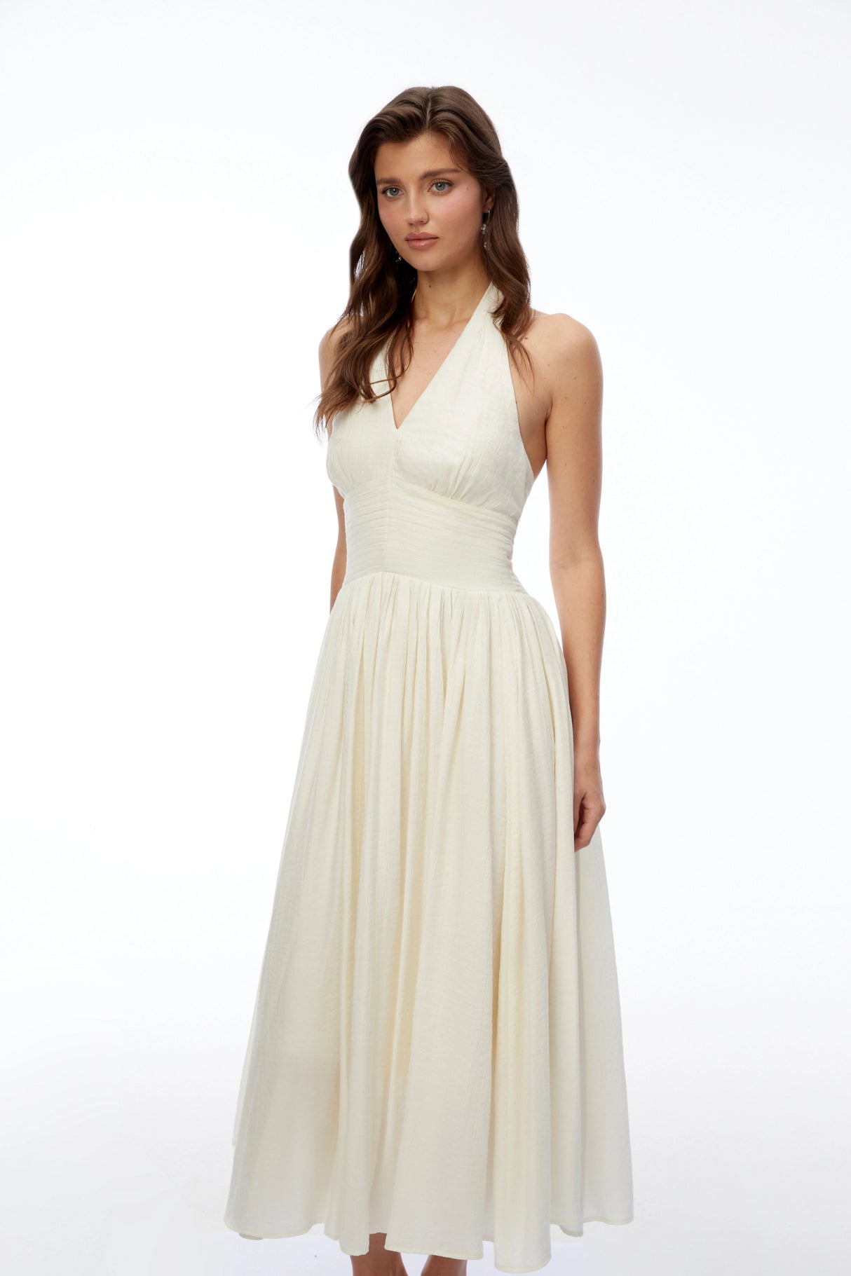 Hinewai Cream Halterneck Ruched Midi Dress