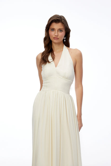 Giselle Midi Dress Cream Halterneck Ruched