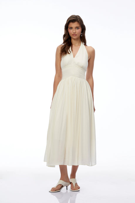 Giselle Midi Dress Cream Halterneck Ruched
