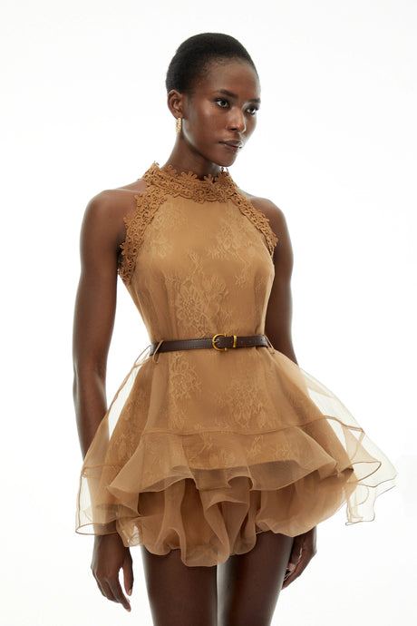 Melody Mini Dress Chocolate Brown Halterneck Mesh