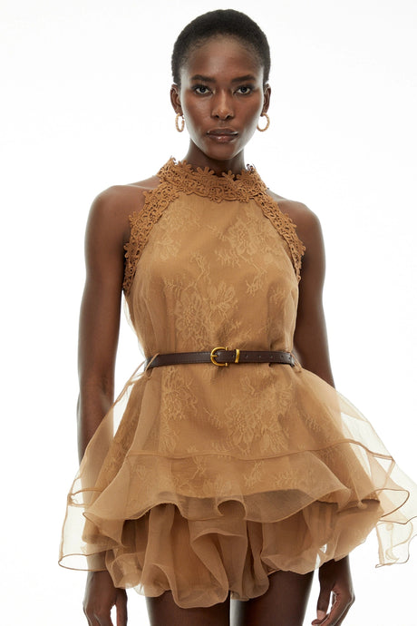 Melody Mini Dress Chocolate Brown Halterneck Mesh