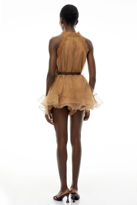 Melody Mini Dress Chocolate Brown Halterneck Mesh