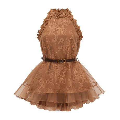 Martina Mini Dress Chocolate Brown Halterneck Mesh