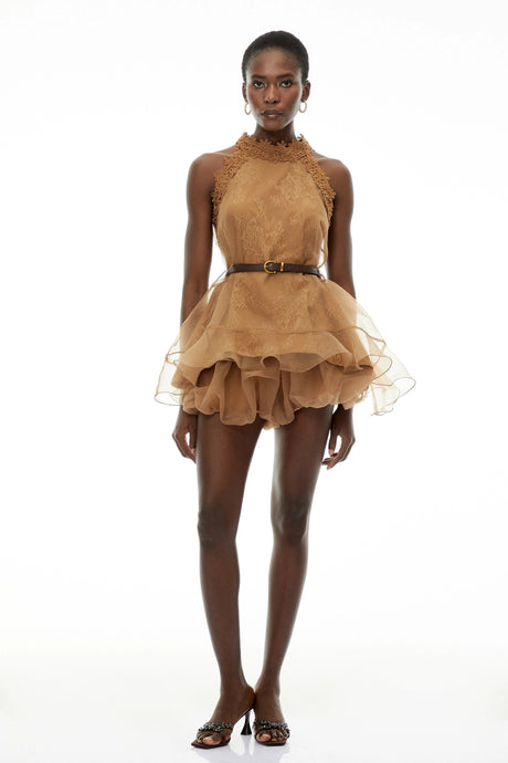 Melody Mini Dress Chocolate Brown Halterneck Mesh