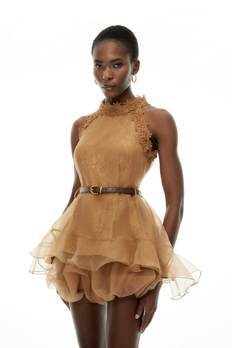 Melody Mini Dress Chocolate Brown Halterneck Mesh