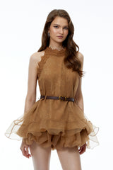 Holly Chocolate Brown Halterneck Mesh Mini Dress