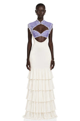 Holly Ivory Floral Lace Ruffled Maxi Dress with CutOuts