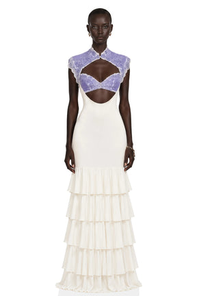 Holly Ivory Floral Lace Ruffled Maxi Dress with CutOuts