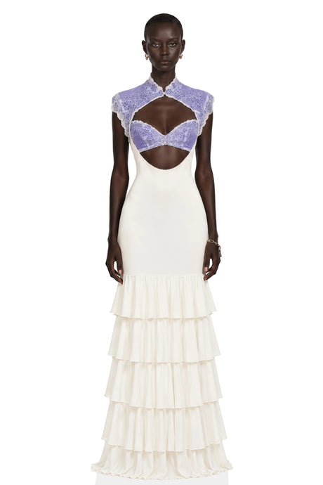 Ornella Maxi Dress Ivory Floral Lace Ruffled with Cut-Outs