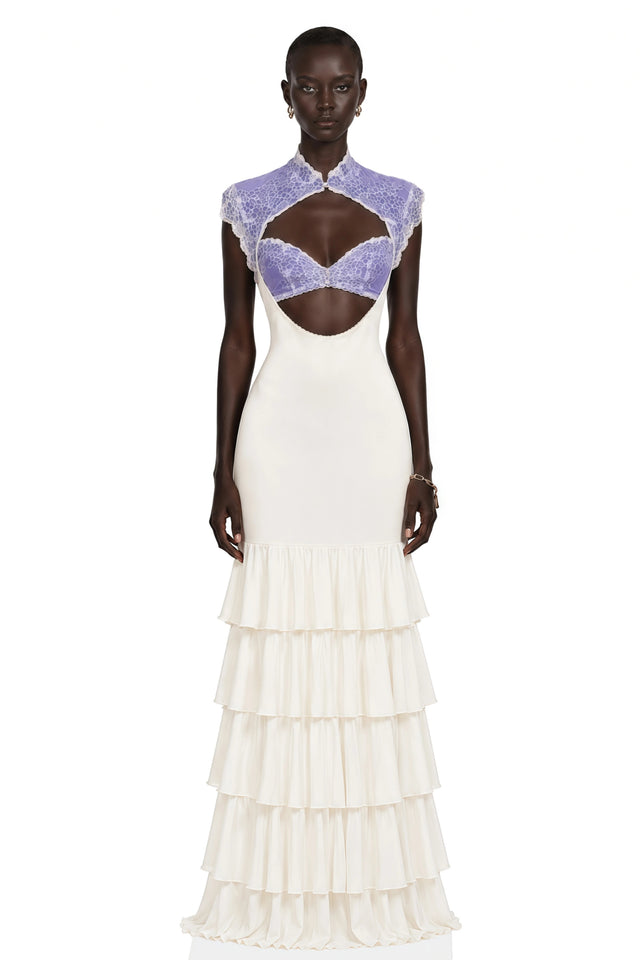 Holly Ivory Floral Lace Ruffled Maxi Dress with CutOuts