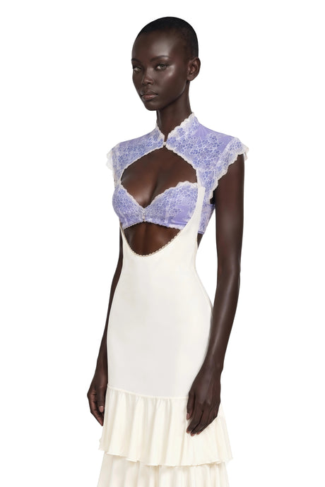 Ornella Maxi Dress Ivory Floral Lace Ruffled with Cut-Outs