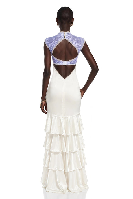Ornella Maxi Dress Ivory Floral Lace Ruffled with Cut-Outs
