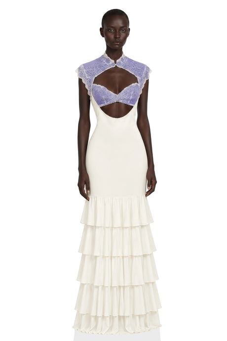 Ornella Maxi Dress Ivory Floral Lace Ruffled with Cut-Outs