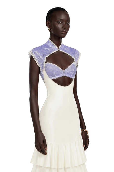 Ornella Maxi Dress Ivory Floral Lace Ruffled with Cut-Outs